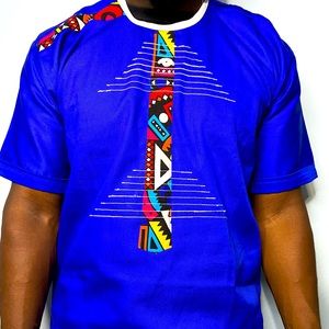 Men’s African Clothing Print Blue/Royal Blue African Top Mens Sizes S-XL